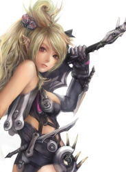 Rule 34 | 1girl, armor, blonde hair, brown eyes, gauntlets, hair ornament, highres, long hair, miche, mole, mole under mouth, original, pointy ears, solo, weapon