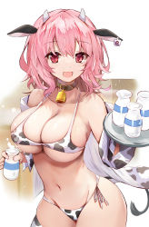 Rule 34 | 1girl, :d, animal ears, animal print, bare shoulders, bell, black collar, bottle, bra, breasts, cleavage, collar, collarbone, cow ears, cow horns, cow print, cow tail, cowbell, efe, highres, horns, large breasts, looking at viewer, milk bottle, navel, off shoulder, open mouth, panties, pink hair, red eyes, revision, saigyouji yuyuko, smile, solo, tail, thighhighs, touhou, tray, underboob, underwear
