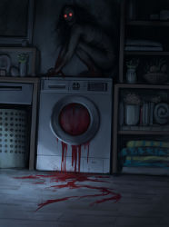 Rule 34 | 1girl, absurdres, blood, blood on ground, commentary, demon, english commentary, full body, highres, horror (theme), indoors, night, nipples, nude, original, plant, potted plant, red eyes, shelf, solo, squatting, stefan koidl, washing machine