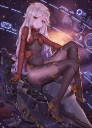 Rule 34 | 1girl, arm support, blush, boots, breasts, cockpit, covered navel, fangxiang cuoluan, female focus, from side, full body, gloves, grey thighhighs, high heels, highres, knees up, leotard, light smile, long hair, looking at viewer, mecha musume, original, pantyhose, pilot suit, plugsuit, silver hair, sitting, small breasts, smile, solo, thigh boots, thighhighs, very long hair, yellow eyes
