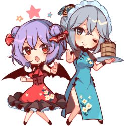 Rule 34 | 2girls, alternate costume, bat wings, black footwear, blue eyes, blush, chibi, china dress, chinese clothes, commentary, double bun, dress, fang, full body, hair ornament, hair ribbon, holding, holding tray, izayoi sakuya, kirero, looking at viewer, maid headdress, multiple girls, one eye closed, open mouth, outstretched arm, purple hair, red dress, red eyes, red neckwear, red ribbon, remilia scarlet, ribbon, short sleeves, smile, star (symbol), touhou, tray, white background, wings, wristband