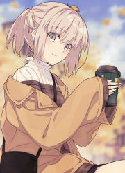 Rule 34 | 1girl, bag, blurry, blurry background, coffee cup, commentary request, cup, disposable cup, earrings, eyes visible through hair, fate/grand order, fate (series), grey eyes, grey hair, hair between eyes, handbag, highres, holding, holding cup, jewelry, leaf, long sleeves, looking at viewer, okita souji (fate), okita souji (koha-ace), outdoors, ponytail, saipaco, sitting, solo