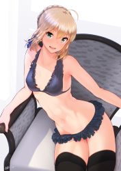 Rule 34 | 1girl, :d, ahoge, alternate costume, armpit crease, artoria pendragon (all), artoria pendragon (fate), bare arms, bare shoulders, bikini, black thighhighs, braid, braided bun, breasts, collarbone, couch, covered erect nipples, crown braid, fate/grand order, fate/stay night, fate (series), fingernails, french braid, frilled bikini, frills, hair bun, highres, looking at viewer, nanahime, navel, open mouth, saber (fate), signature, simple background, sitting, small breasts, smile, solo, stomach, swimsuit, thighhighs