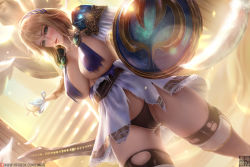 Rule 34 | 1girl, armor, armored dress, black panties, blonde hair, blush, braid, breasts, cleavage, closed mouth, commentary, covered erect nipples, dress, dutch angle, english commentary, falling feathers, feathers, female pubic hair, green eyes, hair between eyes, hair ornament, holding, holding shield, holding sword, holding weapon, large breasts, limgae, long hair, looking at viewer, namco, panties, pauldrons, pubic hair, sash, see-through, shield, shoulder armor, single braid, skirt, solo, sophitia alexandra, soul calibur, stairs, standing, statue, sunlight, sword, thighhighs, torn clothes, torn dress, torn skirt, torn thighhighs, underboob, underwear, weapon, white dress