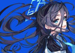 Rule 34 | 1girl, aqua necktie, aris (blue archive), black hair, blue archive, blue background, blue eyes, commentary, floating hair, hair between eyes, hanozuku, highres, long hair, long hair between eyes, looking at viewer, necktie, nose, simple background, smile, solo, upper body, very long hair