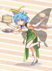 Rule 34 | 1girl, adapted costume, arms up, bamboo steamer, bare shoulders, blue bow, blue bowtie, blue footwear, blue hair, bow, bowtie, breasts, china dress, chinese clothes, dress, eternity larva, extra arms, food, fried rice, green dress, hair between eyes, hair ornament, hands up, highres, leaf, leaf hair ornament, leaf on head, leg up, looking at viewer, medium breasts, open mouth, protected link, shikido (khf), shoes, short hair, solo, standing, standing on one leg, touhou, tray, wings, yellow bow, yellow eyes
