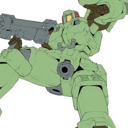 Rule 34 | airborne, gun, gundam, gundam wing, highres, holding, holding gun, holding weapon, kuroiwa cookie, leo (mobile suit), looking down, mecha, mobile suit, no humans, open hand, robot, science fiction, solo, weapon, white background