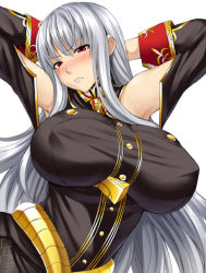 Rule 34 | &gt;:(, 00s, 1girl, armpits, arms behind head, arms up, bare shoulders, blush, breasts, covered erect nipples, detached sleeves, frown, large breasts, long hair, looking at viewer, military, military uniform, nose blush, red eyes, selvaria bles, senjou no valkyria, senjou no valkyria (series), senjou no valkyria 1, silver hair, solo, somejima, sweat, uniform, upper body, v-shaped eyebrows, very long hair