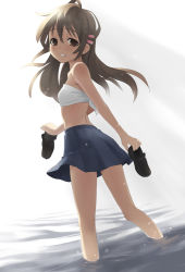 Rule 34 | 1girl, brown eyes, brown hair, dutch angle, from behind, holding, holding shoes, loafers, long hair, looking back, midriff, narcissu, non-web source, oryo (oryo04), parted lips, pleated skirt, sakura setsumi, setsumi sakura, shoes, skirt, smile, solo, wading, water