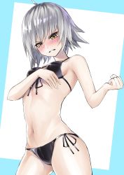 Rule 34 | 1girl, absurdres, aizawa masaya, bad id, bad pixiv id, bikini, black bikini, blush, breasts, clenched hand, contrapposto, covering privates, covering breasts, cowboy shot, fate/grand order, fate (series), front-tie bikini top, front-tie top, headpiece, highres, jeanne d&#039;arc (fate), jeanne d&#039;arc alter (avenger) (fate), jeanne d&#039;arc alter (fate), navel, outside border, short hair, side-tie bikini bottom, silver hair, simple background, small breasts, solo, standing, swimsuit, yellow eyes