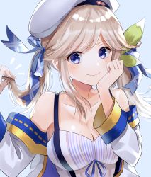 Rule 34 | 1girl, ^^^, bare shoulders, beret, blue background, blue ribbon, blush, breasts, cleavage, collarbone, cucouroux (granblue fantasy), detached sleeves, granblue fantasy, hair ribbon, hand on own cheek, hand on own face, hat, highres, holding, holding own hair, jacket, long hair, long sleeves, medium breasts, myusha, off shoulder, open clothes, open jacket, ribbon, simple background, solo, swept bangs, tareme, twintails, upper body, white hat, white jacket