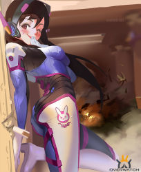 Rule 34 | 1girl, adapted costume, against wall, animal print, arched back, artist name, blue bodysuit, blush, bodysuit, breasts, brown eyes, brown hair, character name, copyright name, covering own mouth, cowboy shot, d.va (overwatch), dated, emblem, facepaint, facial mark, fire, from side, gloves, grey background, hair between eyes, headphones, high collar, indoors, leg up, long hair, looking at viewer, looking to the side, medium breasts, one eye closed, overwatch, overwatch 1, pilot suit, pink lips, rabbit print, ribbed bodysuit, seal (artist), shoulder pads, signature, skin tight, smile, smoke, solo, swept bangs, whisker markings, white gloves