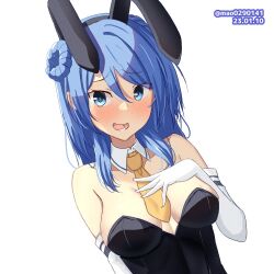 Rule 34 | 1girl, animal ears, black leotard, blue eyes, blue hair, blush, breasts, detached collar, double bun, elbow gloves, fake animal ears, gloves, hair bun, hand on own chest, kantai collection, large breasts, leotard, looking at viewer, m.a.o, medium hair, necktie, one-hour drawing challenge, open mouth, playboy bunny, rabbit ears, solo, strapless, strapless leotard, twitter username, upper body, urakaze (kancolle), white background, white gloves, yellow necktie