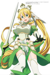Rule 34 | 1girl, absurdres, artist request, bare shoulders, blonde hair, blush, braid, breasts, dress, garter straps, green eyes, highres, leafa, leafa (terraria), long hair, looking at viewer, megami magazine, official art, pointy ears, ponytail, simple background, smile, solo, standing, sword, sword art online, sword art online: alicization, sword art online: alicization - war of underworld, thighhighs, thighs, twin braids, very long hair, weapon, white background, white thighhighs