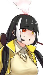 Rule 34 | 1girl, black hair, blush, collared shirt, food, girls&#039; frontline, heterochromia, highres, jacket, long hair, multicolored hair, pocky, pocky day, red eyes, ro635 (girls&#039; frontline), sd bigpie, shirt, simple background, streaked hair, white background, white hair, yellow eyes, yellow jacket
