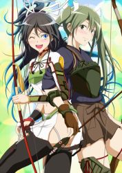 Rule 34 | 10s, 2girls, armor, arrow (projectile), asymmetrical sleeves, back-to-back, black hair, black legwear, blue eyes, bow (weapon), camouflage, elbow gloves, fingerless gloves, from side, gloves, green eyes, green hair, hair between eyes, hair ribbon, hakama, hakama short skirt, hakama skirt, hamaguri (hamaguri1234), japanese clothes, kantai collection, katsuragi (kancolle), long hair, looking at another, looking at viewer, midriff, miniskirt, multiple girls, muneate, one eye closed, pleated skirt, ponytail, remodel (kantai collection), ribbon, skirt, smile, thighhighs, twintails, uneven sleeves, weapon, white ribbon, zettai ryouiki, zuikaku (kancolle)