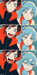 Rule 34 | 2girls, :d, :|, angry, black hair, closed mouth, flat color, hood, jewelry, long hair, multiple girls, necklace, open mouth, ruby rose, rwby, short hair, side ponytail, simple background, smile, sparkle, surprised, wavy mouth, weiss schnee, yukataro