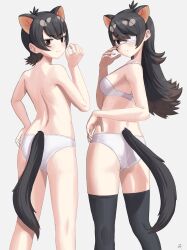 Rule 34 | 2girls, animal ears, ass, australian devil (kemono friends), bare arms, bare back, bare legs, bare shoulders, black hair, black thighhighs, blush, bra, breasts, brown eyes, brown hair, commentary, deku suke, empty eyes, extra ears, eyepatch, fang, fang out, flat ass, flipped hair, from behind, frown, gradient hair, grey background, hair between eyes, hand on own hip, highres, kemono friends, kneepits, long hair, looking at viewer, looking back, medical eyepatch, medium breasts, multicolored hair, multiple girls, panties, short hair, shoulder blades, simple background, smile, split mouth, tail, tasmanian devil (kemono friends), tasmanian devil ears, tasmanian devil tail, thighhighs, topless, underwear, underwear only, white bra, white panties