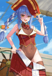 Rule 34 | 1girl, :d, absurdres, ascot, bangom r, bicorne, blonde hair, blue hair, blush, braid, brown leotard, brown thighhighs, commentary request, cosplay, covered navel, cowboy shot, day, hand up, hat, highres, hololive, houshou marine, houshou marine (1st costume), houshou marine (cosplay), jacket, leotard, long hair, looking at viewer, open mouth, outdoors, oversized clothes, pleated skirt, red ascot, red hair, red jacket, red skirt, ship, short eyebrows, skirt, sleeveless, sleeveless jacket, smile, solo, teeth, thick eyebrows, thighhighs, twin braids, twintails, upper teeth only, usada pekora, virtual youtuber, watercraft, white hair