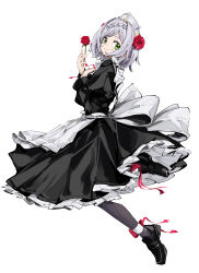 Rule 34 | 1girl, absurdres, ankle ribbon, apron, black dress, black footwear, black pantyhose, braid, closed mouth, commentary request, dress, flower, full body, genshin impact, green eyes, hair flower, hair ornament, highres, holding, holding flower, juliet sleeves, leg ribbon, loafers, long sleeves, looking at viewer, maid, maid apron, maid headdress, noelle (genshin impact), pantyhose, pegarashiko, puffy sleeves, red flower, red ribbon, red rose, ribbon, rose, shoes, simple background, smile, solo, white background