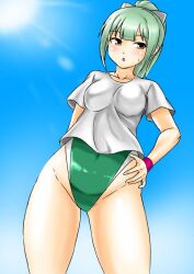 Rule 34 | 1girl, blush, bow, breasts, brown eyes, collarbone, competition swimsuit, covered navel, day, green hair, green one-piece swimsuit, hair bow, hair ribbon, kantai collection, kudou (ooabareteng), looking at viewer, one-piece swimsuit, open mouth, outdoors, ponytail, ribbon, short sleeves, small breasts, solo, standing, sweatdrop, swimsuit, swimsuit under clothes, two-tone swimsuit, yuubari (kancolle)