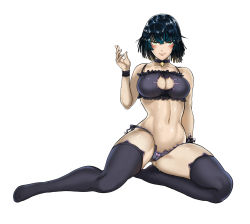 Rule 34 | 1girl, alternate costume, bell, black hair, black panties, black thighhighs, blush, breasts, cameltoe, cat cutout, cat lingerie, choker, cleavage, cleavage cutout, closed mouth, clothing cutout, collarbone, frills, fubuki (one-punch man), full body, gluteal fold, green eyes, highres, jingle bell, large breasts, looking at viewer, md5 mismatch, meme attire, narrow waist, navel, neck bell, no shoes, one-punch man, panties, short hair, side-tie panties, simple background, smile, solo, stomach, the golden smurf, thighhighs, underwear, underwear only, white background, wrist cuffs