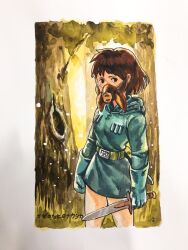 Rule 34 | 1girl, border, forest, h (7503971), holding, holding sword, holding weapon, kaze no tani no nausicaa, looking at viewer, mask, mouth mask, nature, nausicaa, solo, sword, tree hollow, weapon, white border