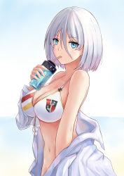 Rule 34 | 1girl, azur lane, bare shoulders, bikini, blue eyes, breasts, chenche-jun, cleavage, cup, drinking, drinking straw, highres, holding, holding cup, large breasts, off shoulder, short hair, silver hair, swimsuit, tirpitz (azur lane), white bikini