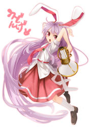 Rule 34 | 1girl, absurdly long hair, animal ears, blush stickers, rabbit ears, character name, highres, jumping, light purple hair, long hair, looking at viewer, lunatic gun, necktie, purple hair, red eyes, reisen udongein inaba, skirt, suna (s73d), touhou, very long hair, white background