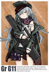 Rule 34 | 1girl, assault rifle, bullpup, caseless firearm, collaboration, crossover, english text, g11 (girls&#039; frontline), girls&#039; frontline, grey hair, gun, h&amp;k acr, h&amp;k g11, h&amp;k g11k2, hat, heckler &amp; koch, high-capacity magazine, horizontal magazine, information sheet, jacket, little armory, long gun, magazine (weapon), mica team, official art, open clothes, open jacket, personification, prototype design, rifle, scope, shirt, shorts, sight (weapon), single-stack magazine, sleepy, telescopic sight, text focus, tomytec, weapon, weapon profile, white shirt