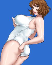 Rule 34 | 1girl, blue background, breasts, brown eyes, brown hair, large breasts, lips, lowres, matoyama, oekaki, one-piece swimsuit, plump, solo, standing, swimsuit