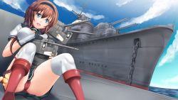 Rule 34 | 10s, 1girl, absurdres, blue eyes, blue sky, braid, breasts, brown hair, bullet in mouth, cameltoe, chiyo goya, chou-10cm-hou-chan (teruzuki&#039;s), day, destroyer, gloves, hair ornament, hairband, highres, historical name connection, kantai collection, large breasts, light brown hair, long hair, looking at viewer, military, military vehicle, miniskirt, name connection, object namesake, open mouth, outdoors, panties, pantyshot, red panties, school uniform, serafuku, ship, sitting, skirt, sky, smile, teruzuki (destroyer), teruzuki (kancolle), underwear, warship, watercraft