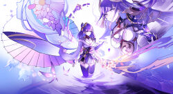 2girls absurdres armor asymmetrical_sleeves black_panties black_thighhighs blunt_bangs braid breasts bridal_gauntlets broken broken_sword broken_weapon cleavage closed_mouth clothing_cutout commentary_request crackingtaro crystalfly_(genshin_impact) dated dual_persona electricity fake_horns flower from_side genshin_impact gradient_background hair_down hair_ornament hand_up headpiece highres horns japanese_armor japanese_clothes kimono large_breasts long_braid long_hair looking_down looking_to_the_side makoto_(genshin_impact) mitsudomoe_(shape) mole mole_under_eye multicolored_background multicolored_hair multiple_girls neck_ribbon off_shoulder oil-paper_umbrella panties purple_eyes purple_hair purple_kimono raiden_shogun raiden_shogun_(magatsu_mitake_narukami_no_mikoto) red_ribbon red_sash ribbon ripples sash shade shoulder_armor shoulder_cutout single_braid standing streaked_hair sword thighhighs tomoe_(symbol) umbrella underwear uneven_sleeves water weapon wide_sleeves