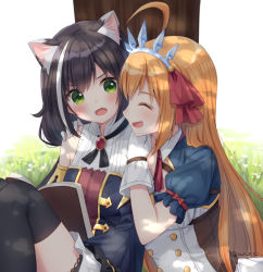 Rule 34 | 2girls, :d, ^ ^, ahoge, animal ear fluff, animal ears, anz32, bad id, bad pixiv id, bare shoulders, black hair, black legwear, black sleeves, blush, brown hair, cat ears, closed eyes, collared shirt, commentary request, detached sleeves, fang, gloves, green eyes, hair between eyes, hair ribbon, hands on another&#039;s shoulders, hands up, karyl (princess connect!), knees up, long hair, long sleeves, multicolored hair, multiple girls, open mouth, pecorine (princess connect!), princess connect!, profile, puffy short sleeves, puffy sleeves, red ribbon, ribbon, shirt, short sleeves, shrug (clothing), sitting, sleeveless, sleeveless shirt, smile, streaked hair, thighhighs, tiara, tree, tree shade, twitter username, very long hair, white gloves, white hair, white shirt, wide sleeves