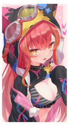 Rule 34 | 1girl, animal hood, blush, breasts, cleavage, fang, fingernails, goggles, goggles on head, highres, hood, hoodie, izuno (izunoyoshiki), jacket, large breasts, long hair, looking at viewer, nekota tsuna, orange eyes, paint splatter, paint stains, paintdrop, red hair, smile, stained clothes, virtual youtuber, vspo!