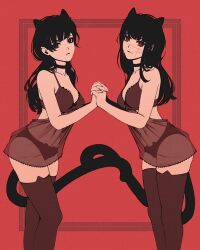 Rule 34 | 2girls, animal ears, animal print, black bra, black hair, black panties, black thighhighs, bra, breasts, cat ears, cat lingerie, cat panties, cat print, cat tail, cat thighhighs, chainsaw man, choker, cleavage, closed mouth, collarbone, dual persona, female focus, holding hands, kemonomimi mode, lingerie, long hair, matching outfits, medium breasts, meme attire, mitaka asa, moshimoshibe, multiple girls, panties, parted lips, print panties, red background, red eyes, scar, scar on face, see-through, standing, tail, thighhighs, thighs, underwear, underwear only, yoru (chainsaw man)