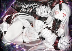 Rule 34 | 10s, 1girl, abyssal ship, boots, breasts, claws, colored skin, dress, embers, gekato, glowing, glowing eyes, highres, horns, kantai collection, large breasts, long hair, long neck, open mouth, red eyes, ribbed dress, seaport princess, short dress, single horn, solo, white dress, white footwear, white hair, white skin, wide hips