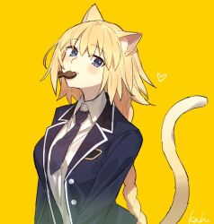 Rule 34 | 1girl, animal ears, black jacket, black necktie, blazer, blonde hair, blue eyes, braid, braided ponytail, cat ears, cat girl, cat tail, collared shirt, commentary request, fate/apocrypha, fate (series), food in mouth, jacket, jeanne d&#039;arc (fate), kabutomushi s, kemonomimi mode, necktie, open clothes, open jacket, school uniform, shirt, simple background, single braid, solo, tail, upper body, white shirt, yellow background