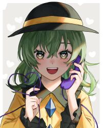 Rule 34 | 1girl, :d, akari0120 s, black hat, blush, buttons, collared shirt, diamond button, frilled shirt collar, frilled sleeves, frills, green hair, hat, heart, heart-shaped pupils, heart background, heart of string, holding, holding phone, komeiji koishi, long sleeves, looking at viewer, medium hair, open mouth, phone, shirt, smile, solo, symbol-shaped pupils, teeth, touhou, upper body, upper teeth only, wide sleeves, yellow shirt