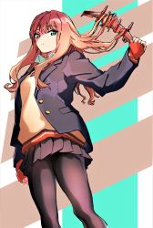 Rule 34 | 1girl, absurdres, black jacket, black pantyhose, black skirt, blazer, bloom into me15, brown hair, collared shirt, dyna wing, expressionless, green eyes, gridman universe, highres, holding, holding toy, jacket, long hair, looking down, minami yume, pantyhose, school uniform, shirt, skirt, solo, ssss.dynazenon, sweater, toy, white shirt, yellow sweater