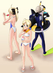 Rule 34 | 3girls, ahoge, artoria pendragon (all), artoria pendragon (fate), asakura (asakura souko), bandeau, barefoot, bikini, blonde hair, blue eyes, bodysuit, capcom, corn dog, diving mask, diving mask on head, diving suit, fate/stay night, fate/unlimited codes, fate (series), flat chest, flippers, food, goggles, goggles on head, hot dog, inflatable orca, inflatable toy, inflatable whale, innertube, long hair, multiple girls, multiple persona, official alternate costume, one-piece swimsuit, ponytail, popsicle, saber (fate), saber alter, saber lily, sandals, sausage, shaved ice, side-tie bikini bottom, snorkel, swim ring, swimsuit, watermelon bar, wetsuit