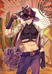 Rule 34 | 1boy, abs, adapted costume, arm up, battle tendency, belt, belt buckle, blue eyes, brown hair, brown hat, brown theme, buckle, cactus, clenched hand, commentary, cowboy, cowboy hat, cowboy shot, cowboy western, crop top, english text, fingerless gloves, gloves, gun, hair between eyes, handgun, hat, highres, holding, holding gun, holding weapon, index finger raised, jacket, jojo no kimyou na bouken, joseph joestar, joseph joestar (young), male focus, manly, midriff, narrow waist, navel, open clothes, open jacket, open mouth, pants, pectorals, revolver, short hair, sky kiki, sleeves rolled up, smile, solo, standing, symbol-only commentary, tumbleweed, weapon, western