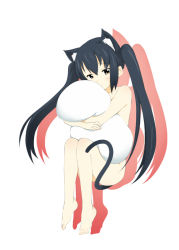 Rule 34 | 00s, 1girl, animal ears, barefoot, cat ears, cat tail, feet, full body, hamao, hugging object, k-on!, nakano azusa, nude, pillow, pillow hug, simple background, solo, tail, twintails