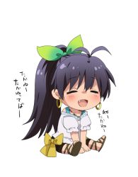 Rule 34 | 1girl, ankle lace-up, bad id, bad pixiv id, chibi, closed eyes, cross-laced footwear, earrings, full body, ganaha hibiki, hiiringu, hoop earrings, idolmaster, idolmaster (classic), jewelry, long hair, open mouth, sandals, simple background, sitting, smile, solo, white background