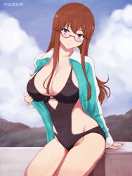 Rule 34 | 10s, 1girl, arm at side, black one-piece swimsuit, breasts, brown hair, character name, cleavage, closed mouth, cloud, collarbone, cowboy shot, day, glasses, groin, hair between eyes, head tilt, jacket, jacket over swimsuit, kuromukuro, large breasts, long hair, niwatori kokezou, one-piece swimsuit, open clothes, open jacket, outdoors, purple eyes, red-framed eyewear, sidelocks, sky, solo, swimsuit, track jacket, unami marina