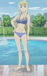 Rule 34 | 00s, 1girl, bare arms, bare legs, bare shoulders, barefoot, bikini, black eyes, blonde hair, blue bikini, breasts, cleavage, closed mouth, cloud, day, feet, fountain, full body, fullmetal alchemist, garden, hand on own hip, high ponytail, legs, long hair, looking at viewer, medium breasts, navel, official art, ponytail, pool, screencap, sidelocks, sky, smile, solo, standing, stitched, swimsuit, thighs, third-party edit, toes, tree, water, winry rockbell, yellow eyes