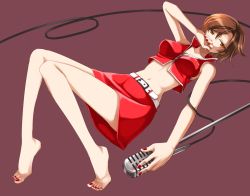 Rule 34 | 1girl, bad id, bad pixiv id, barefoot, brown eyes, brown hair, feet, lying, meiko (vocaloid), microphone, microphone stand, nail polish, navel, on back, short hair, simple background, skirt, solo, sorano namida, toenail polish, toenails, vocaloid