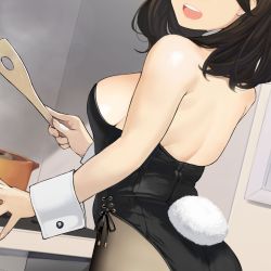 Rule 34 | 1girl, brown hair, rabbit tail, cooking, highres, leotard, open mouth, playboy bunny, solo, tail, yomu (sgt epper)
