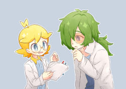 Rule 34 | 2boys, ahoge, akasaka (qv92612), blonde hair, blue jumpsuit, clemont (pokemon), commentary request, creatures (company), eyepiece, game freak, green hair, hair over one eye, hand up, hands up, holding, holding paper, jumpsuit, lab coat, long hair, long sleeves, looking down, male focus, multiple boys, nintendo, open mouth, orange-tinted eyewear, paper, pokemon, pokemon (anime), pokemon the movie: the power of us, pokemon xy (anime), tinted eyewear, tongue, toren (pokemon)