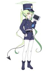 Rule 34 | 1girl, artpatient, belt, black belt, black footwear, black hat, black shorts, blue archive, boots, fang, full body, gloves, green hair, green halo, halo, hat, highres, holding, holding tablet pc, long hair, long sleeves, looking at viewer, open mouth, pantyhose, peaked cap, pointy ears, shorts, simple background, skin fang, smile, solo, tablet pc, twintails, white background, white gloves, white pantyhose, yellow eyes